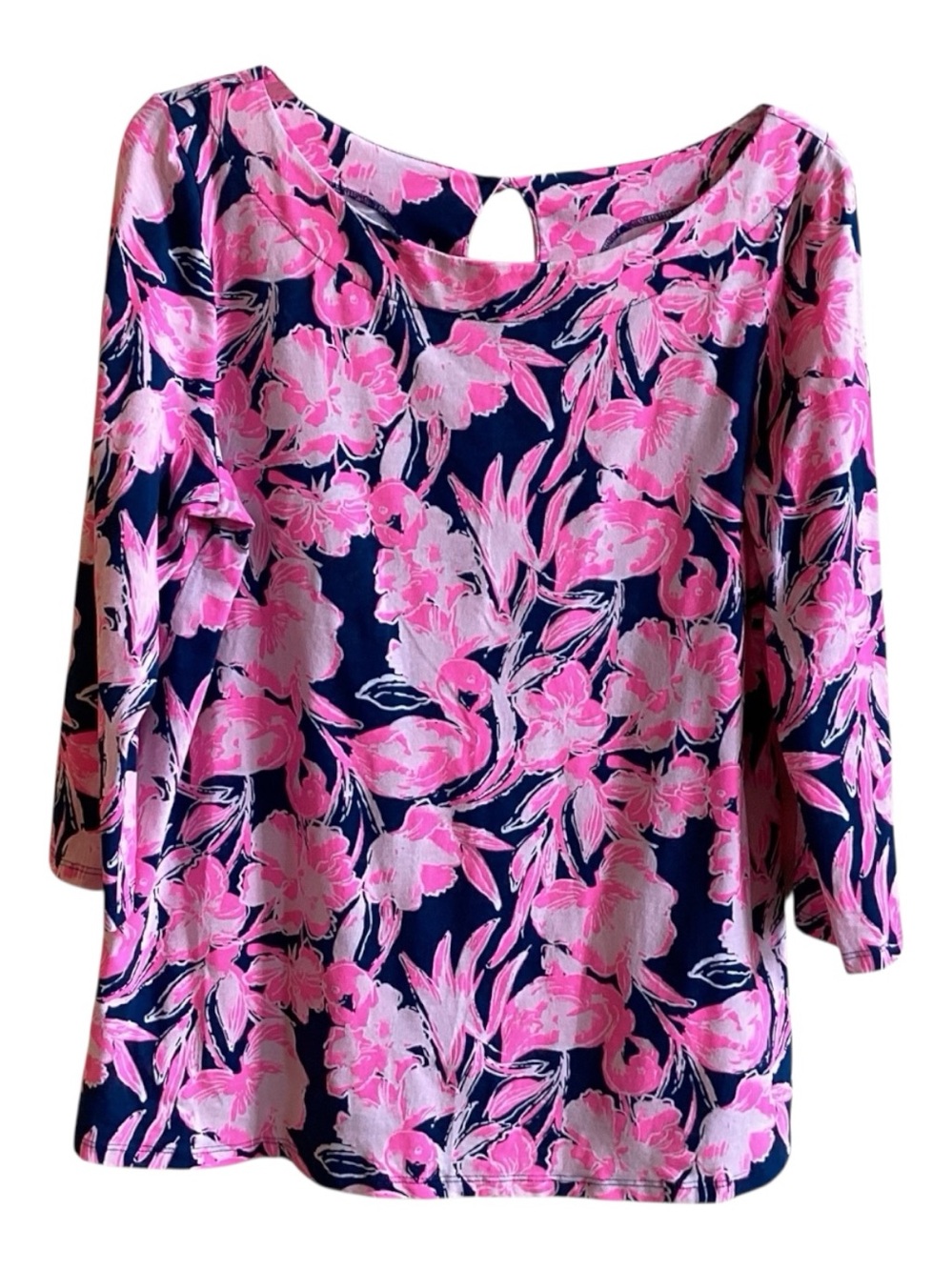 Lilly Pulitzer Waverly Knit “Inky Flamingo” Print 3/4 Sleeve Top Size L